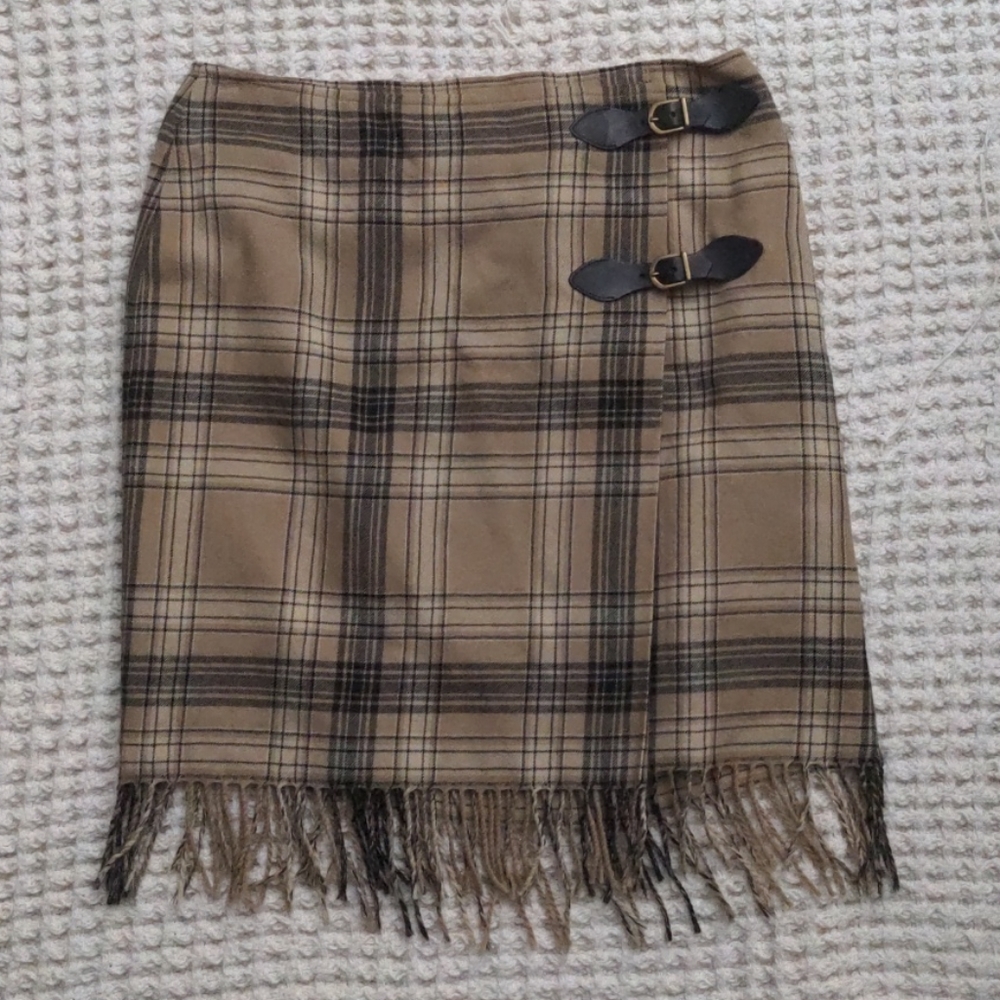 Plaid Wrap Mini Skirt with Fringe